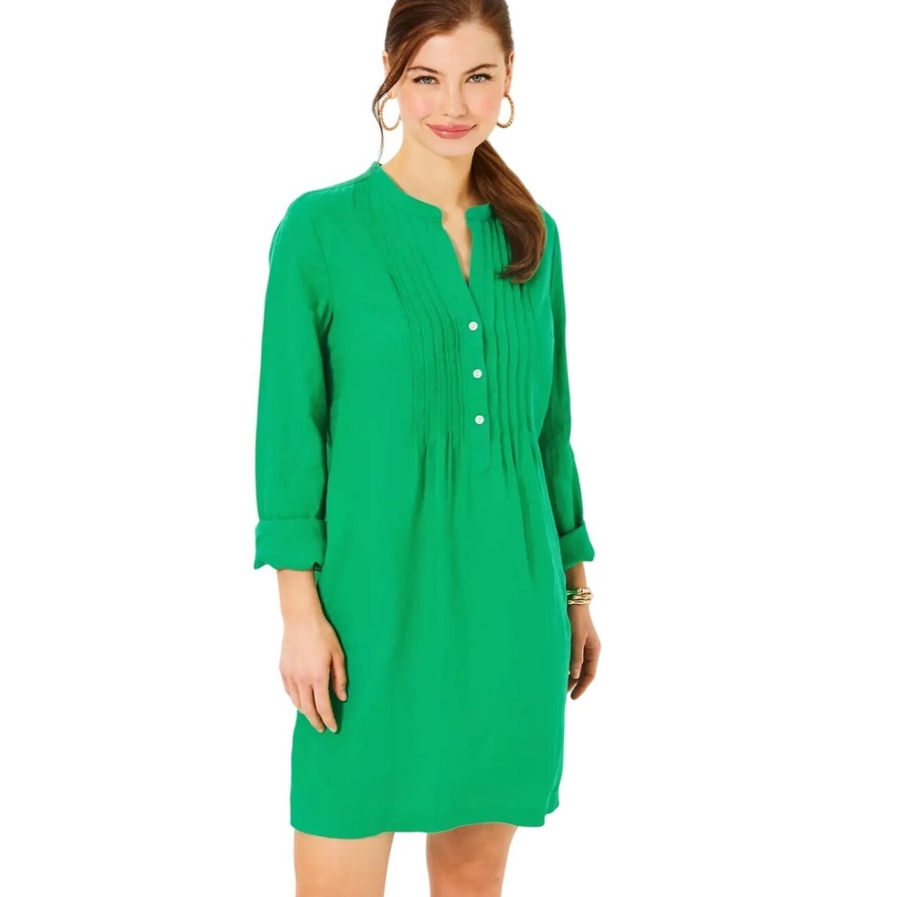 Lilly Pulitzer Rhoda Linen Shift Dress Women 14 Green ‎ Pintuck Mandarin Collar